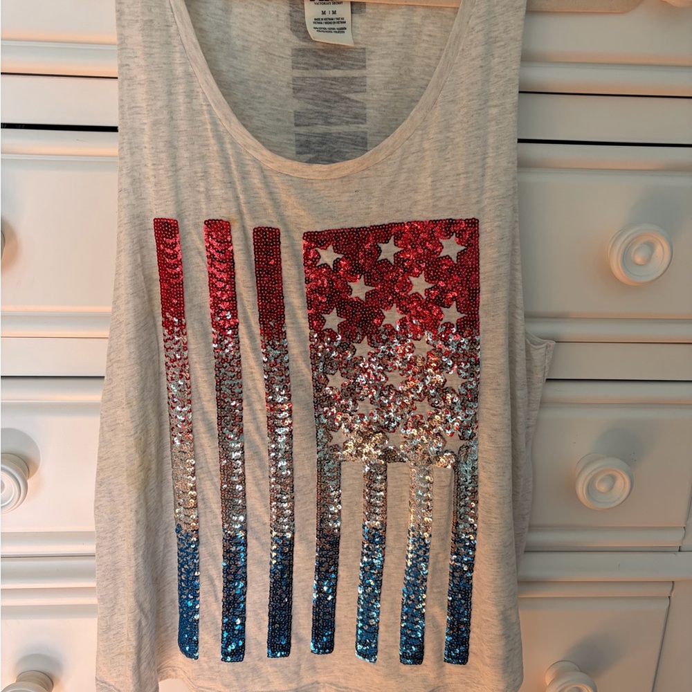 Victoria's Secret PINK White Tank Top with Red, Silver & Blue Sequin Flag